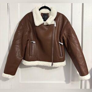 Diashiny Brown Faux Leather Teddy Jacket with Cream Sherpa Trim
